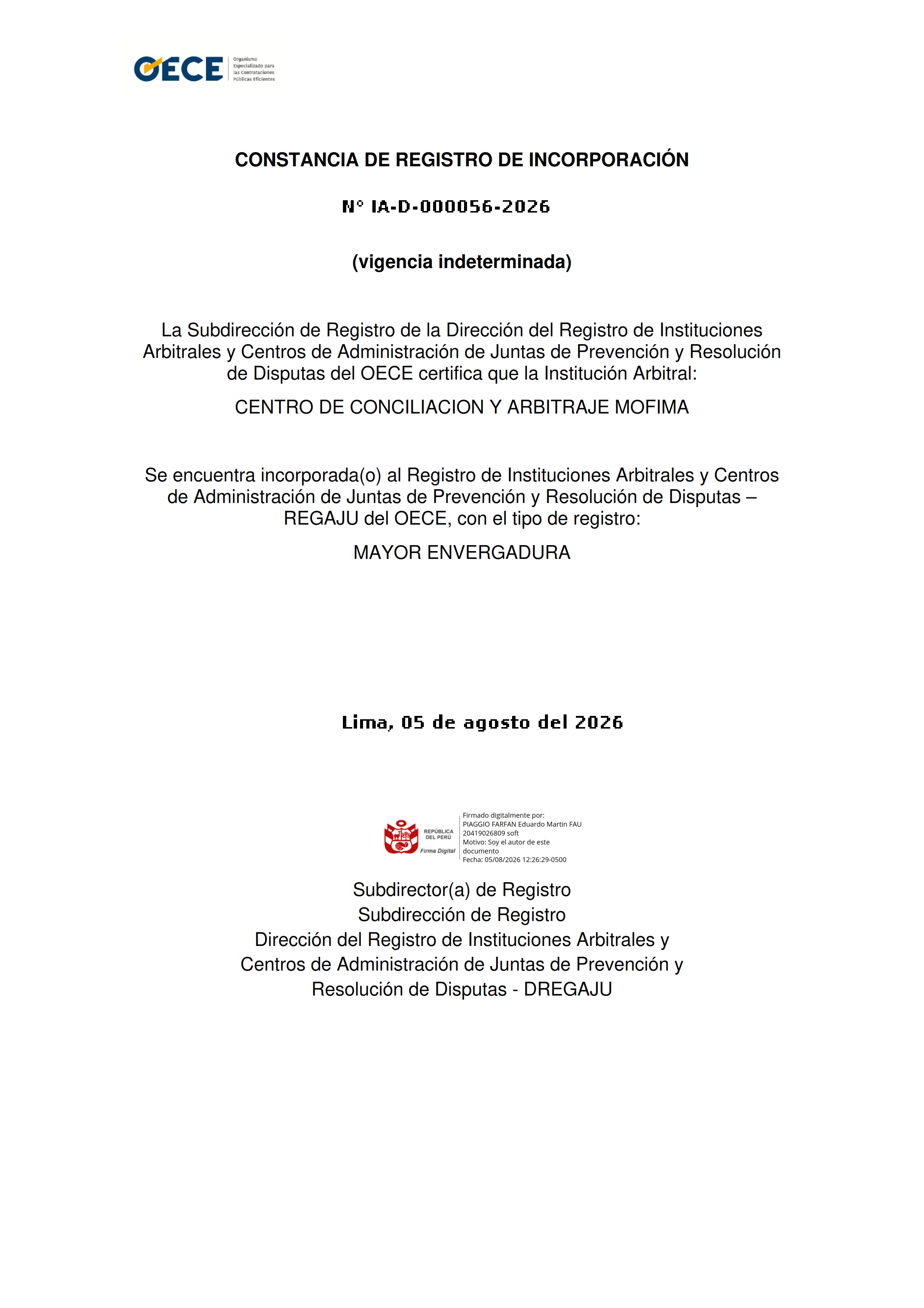 Constancia de Registro de Incorporación OECE - REGAJU
